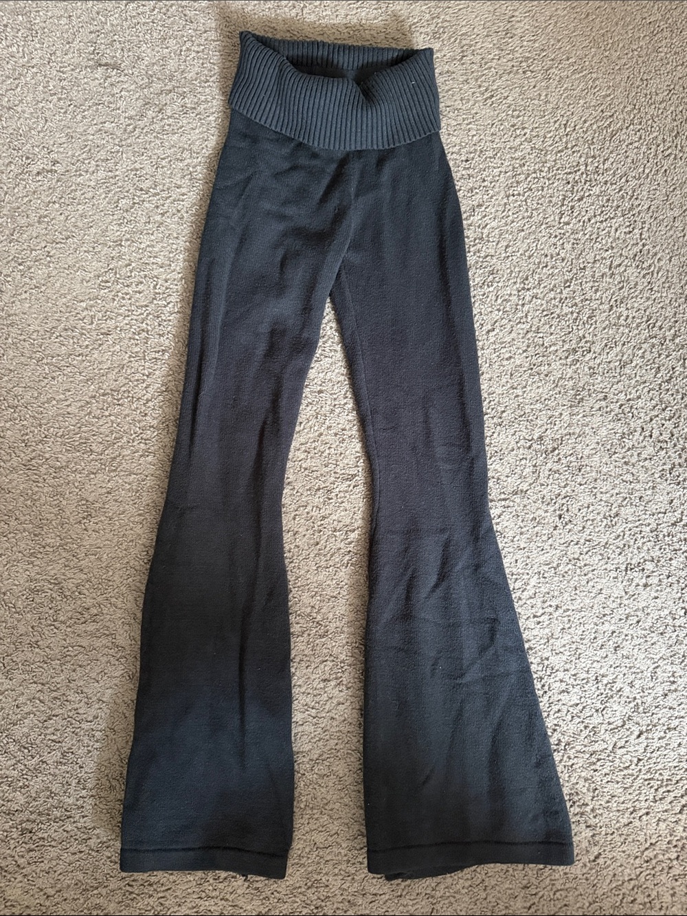 Grey/Navy Knit Flare Pants with Fold-Over Waistband